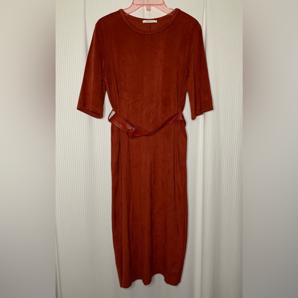 Zara Faux Suede Rust Color Midi Dress Short Sleeve Belted Size Small
